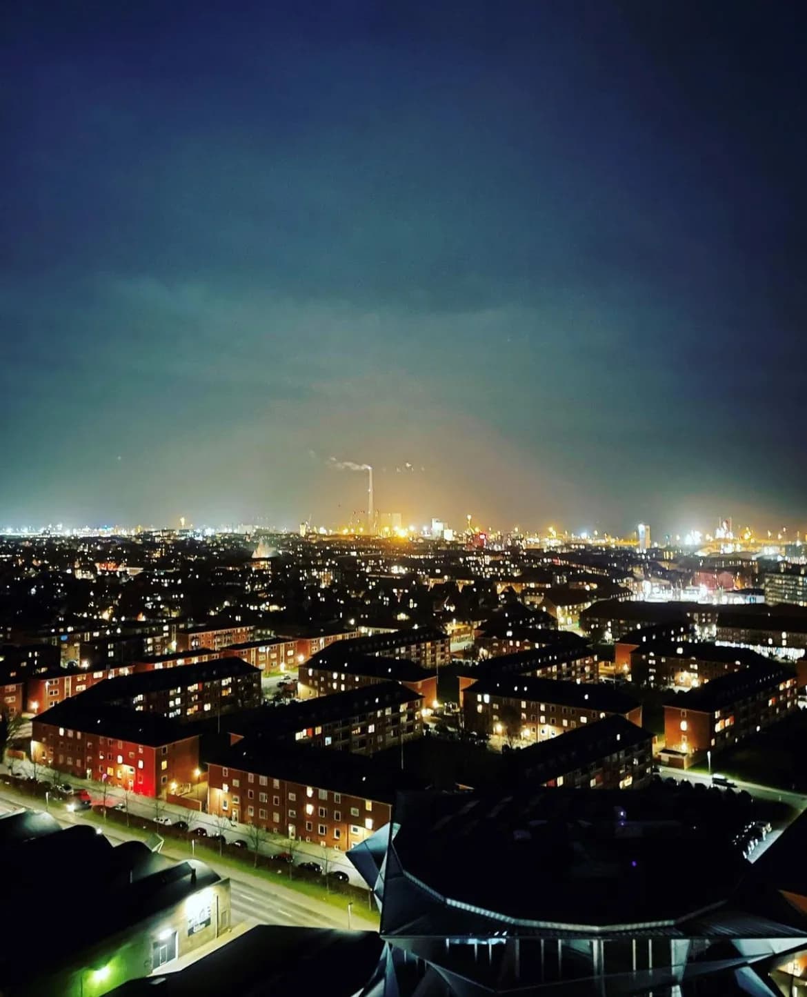 Esbjerg at night seen from the 17th floor, harbour lights on the horizon
