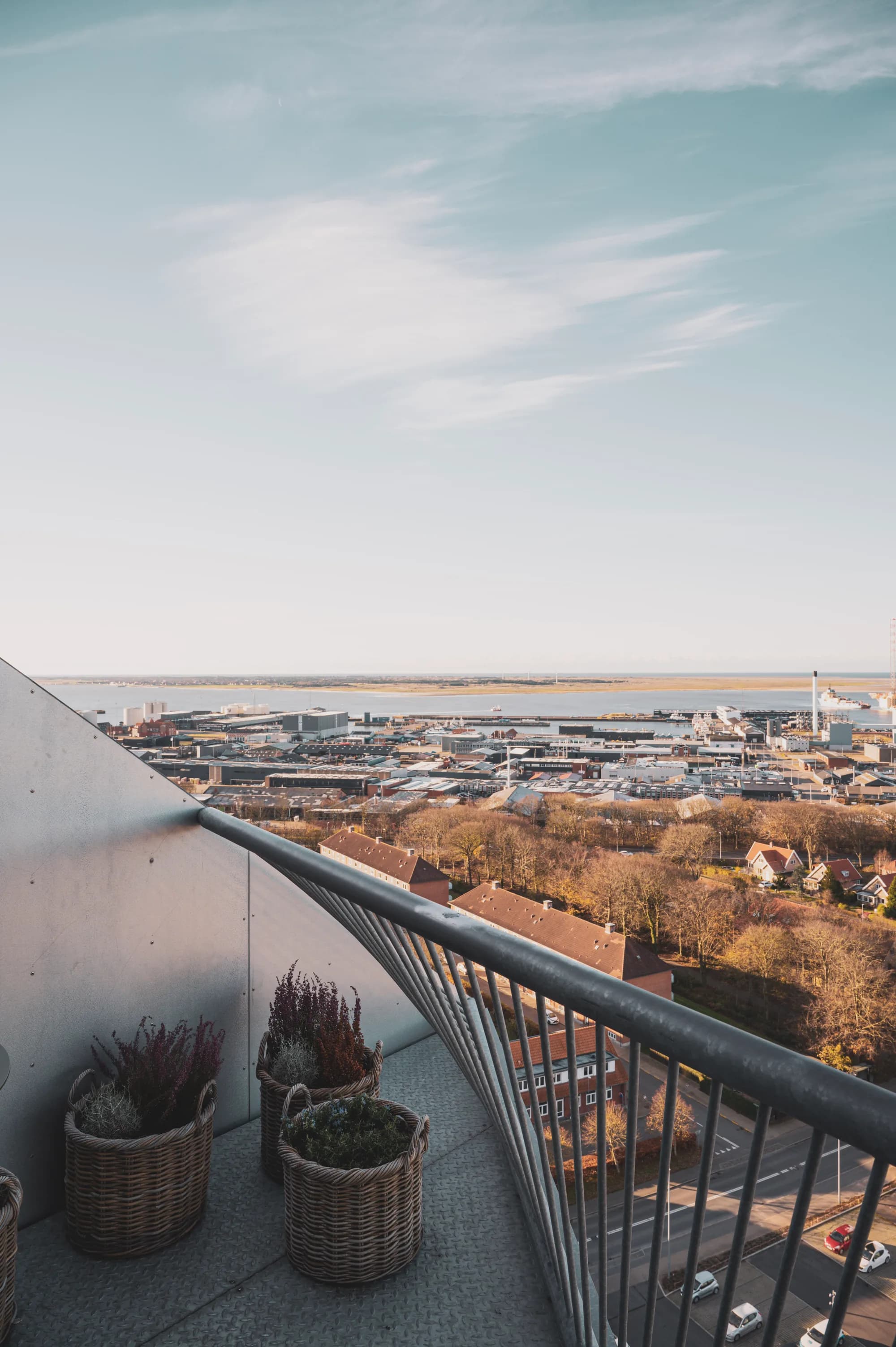 Daylight view from the balcony over Esbjerg harbour toward the Wadden Sea